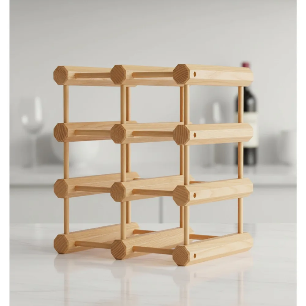 

Stackable Wood Wine Rack Holder, Modular Storage for 12 Bottles, Natural Ash Finish - Home Bar Organizer