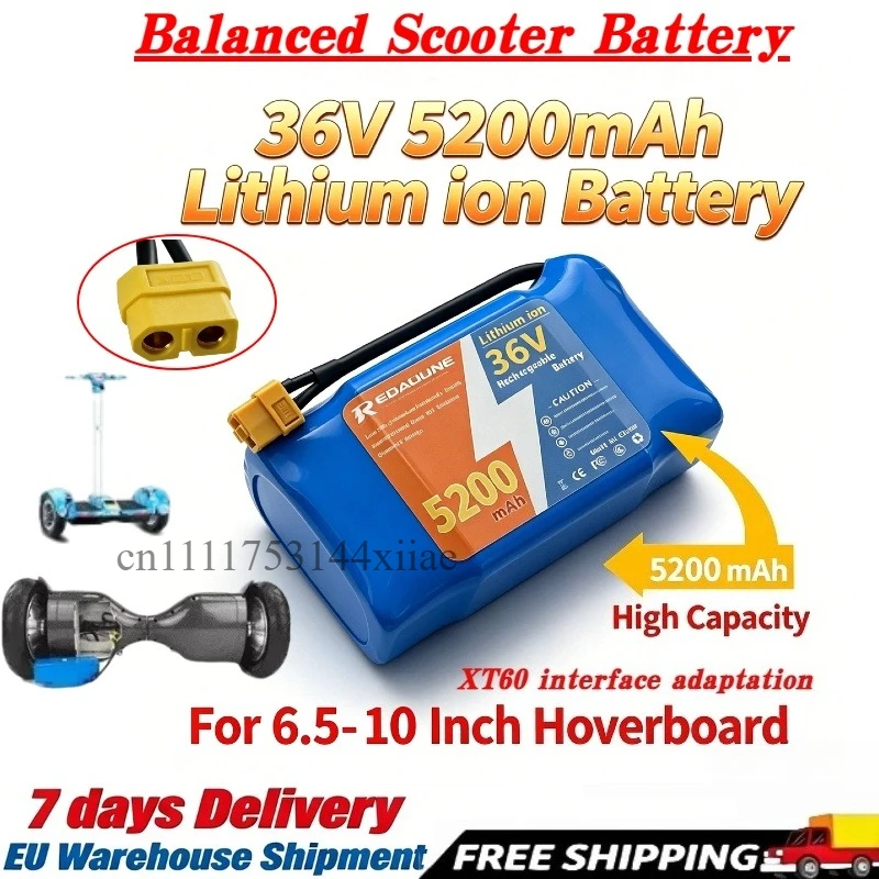 Batterie de remplacement au lithium-ion 36V 10S2P 5200mAh, alimentation continue stable, boîtier extérieur durable anti-usure pour gyropode électrique auto-équilibrant, monocycle à une roue, idéal pour les trajets quotidiens urbains, les loisirs en extérieur et les déplacements sur de courtes distances.