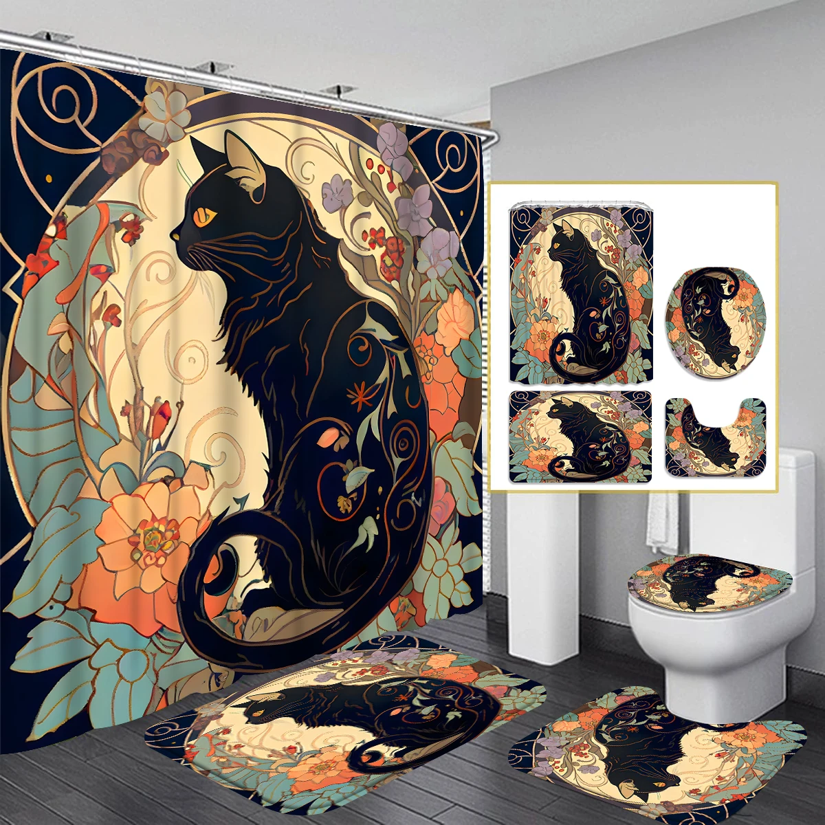 1/4 Piece Shower Curtain Set, Waterproof Bathroom Partition Curtain with Hooks, Anti-Slip Bath Rug, U Shape Mat, Toilet Seat Cov