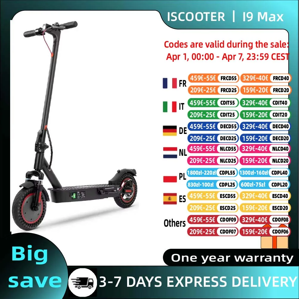 IScooter I9 Max Scooter électrique 500W moteur 36V10AH 10 pouces nid d'abeille pneu électrique coup de pied Scooters pliables pour adultes