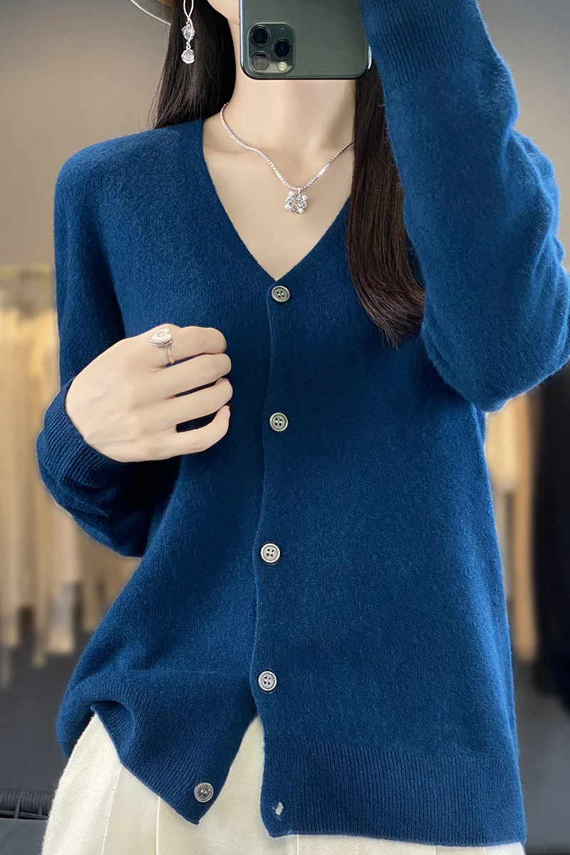 Basic V-Neck 100% Merino Wool Sweater Women Knitted Cashmere Cardigan Spring Autumn Female Knitwear Clothing Tops