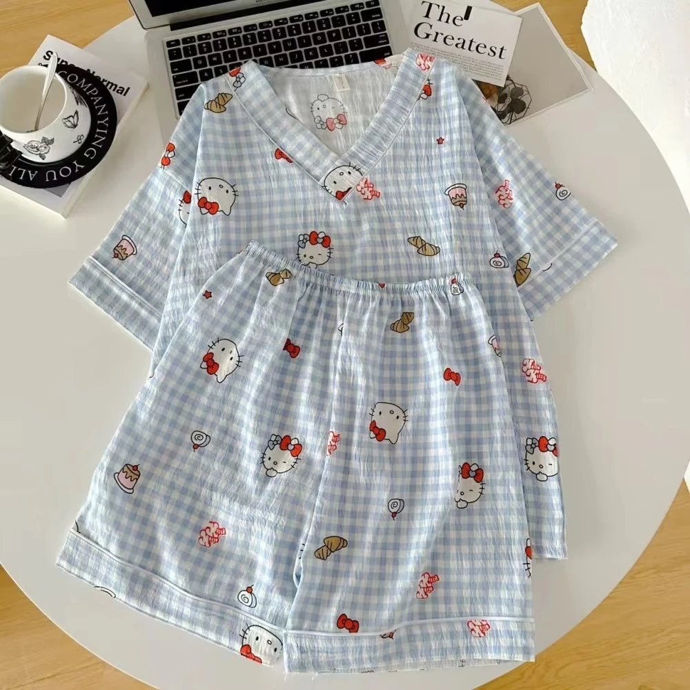 New Sanrio Hello Kitty Pajamas Set Anime Cartoon Comfort Loose T-Shirt Shorts Suit Cute Student Pajamas Casual Household Clothes