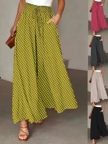 2025 Primavera/Verano Pantalones bohemios de pierna ancha con cintura elástica y pantalones de falda larga con estampado de lunares para mujer