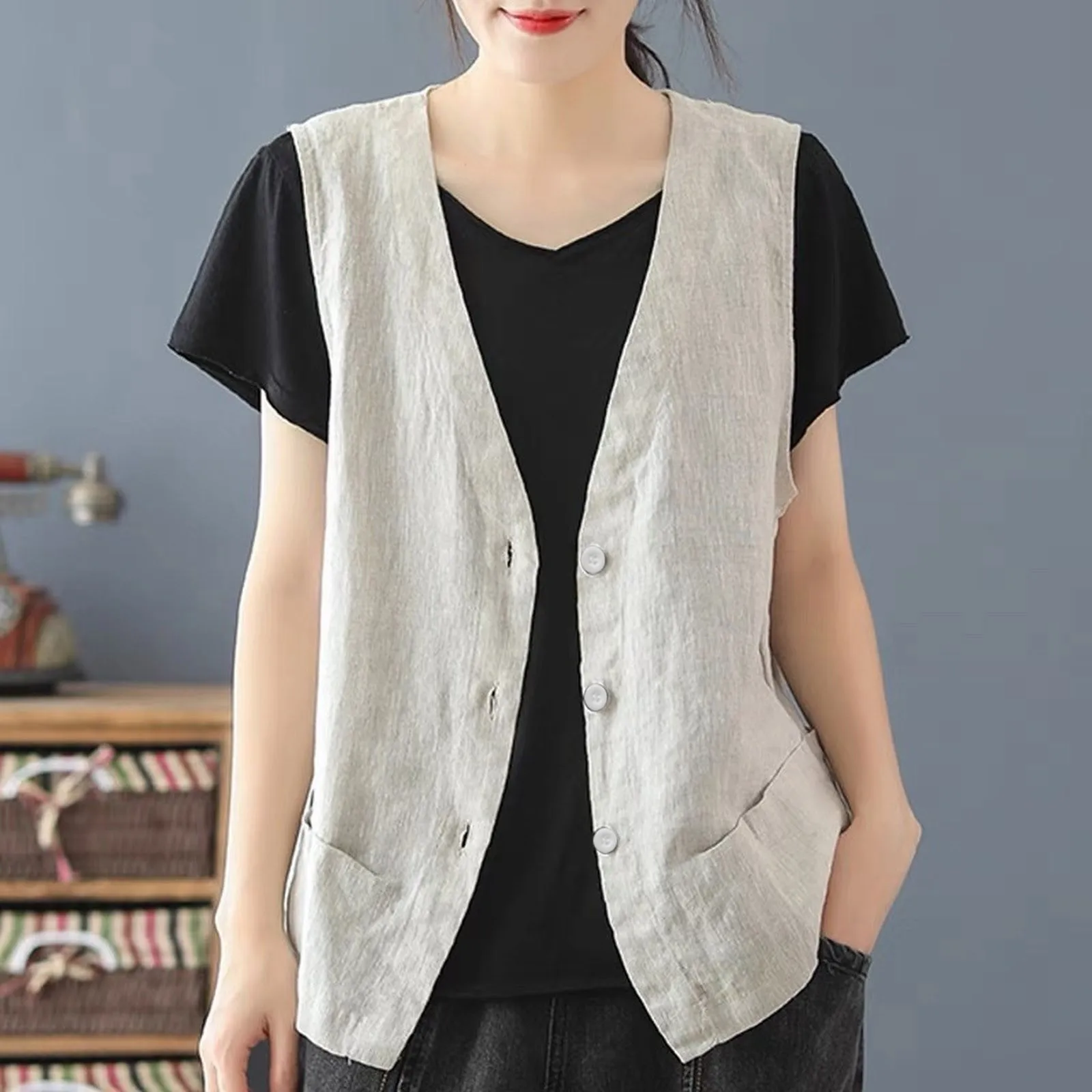 Women's Linen Vest Summer Casual Sleeveless Cardigans Jacket Loose Thin Casual Button Vest Top Female Streetwear Vest Coat