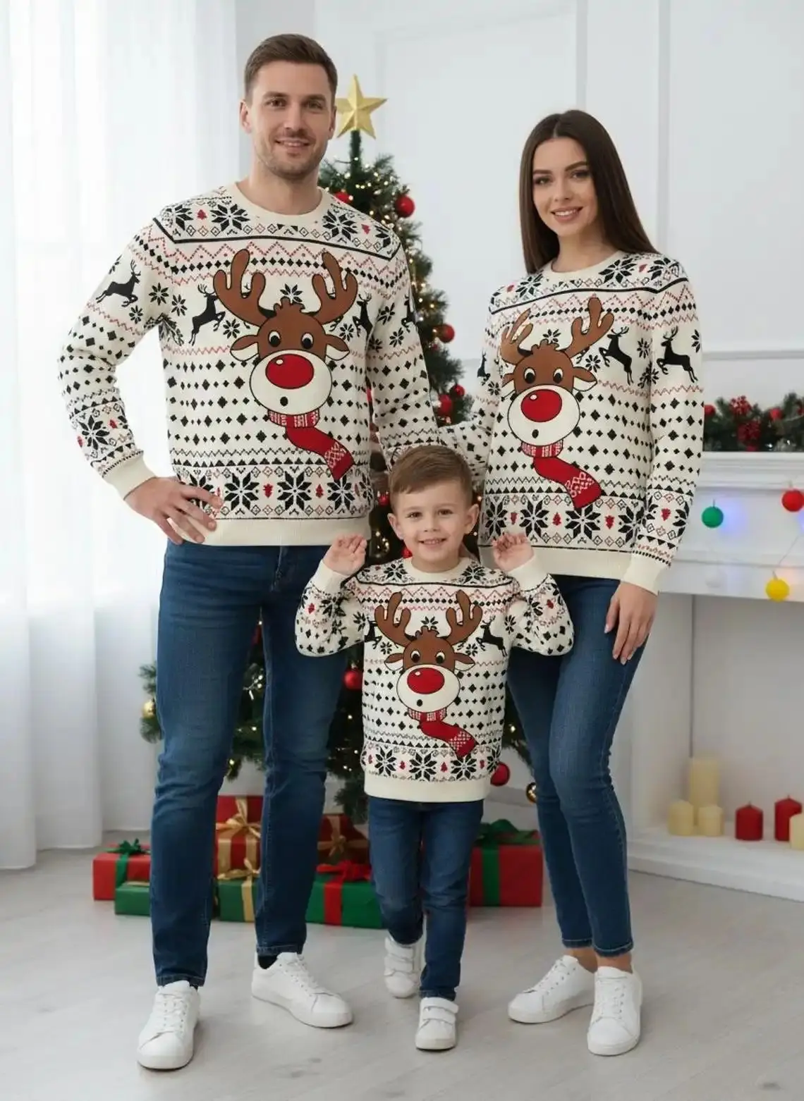 جديد رودولف الرنة الأحمر الأنف مطبوعة القبيح عيد الميلاد الأسرة مطابقة سترة موضة الشارع الشهير بلوفر شتوي كبير الحجم