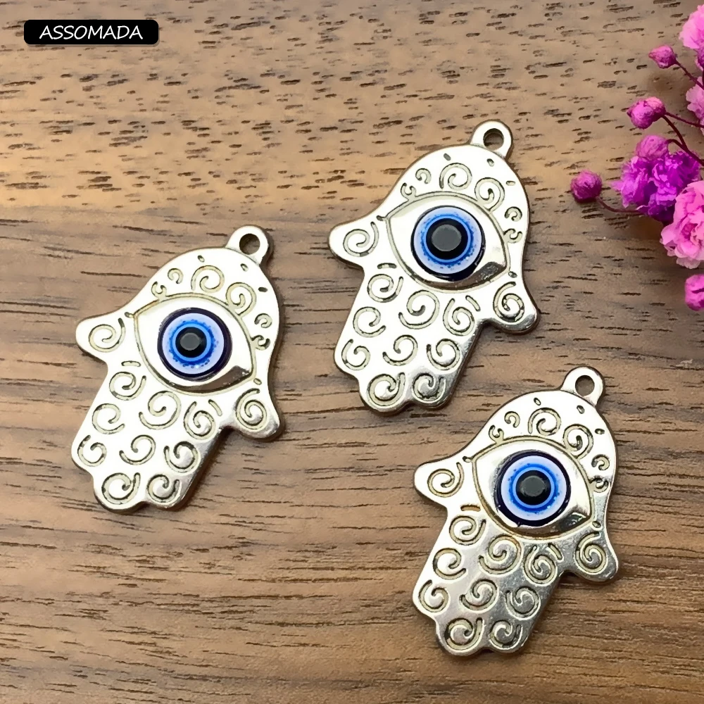 Stainless Steel Fatima Hand Turkish Evil Eyes Charms Pendant For Women Man Necklace Hamsa Hand Blue Eye DIY Jewelry Making