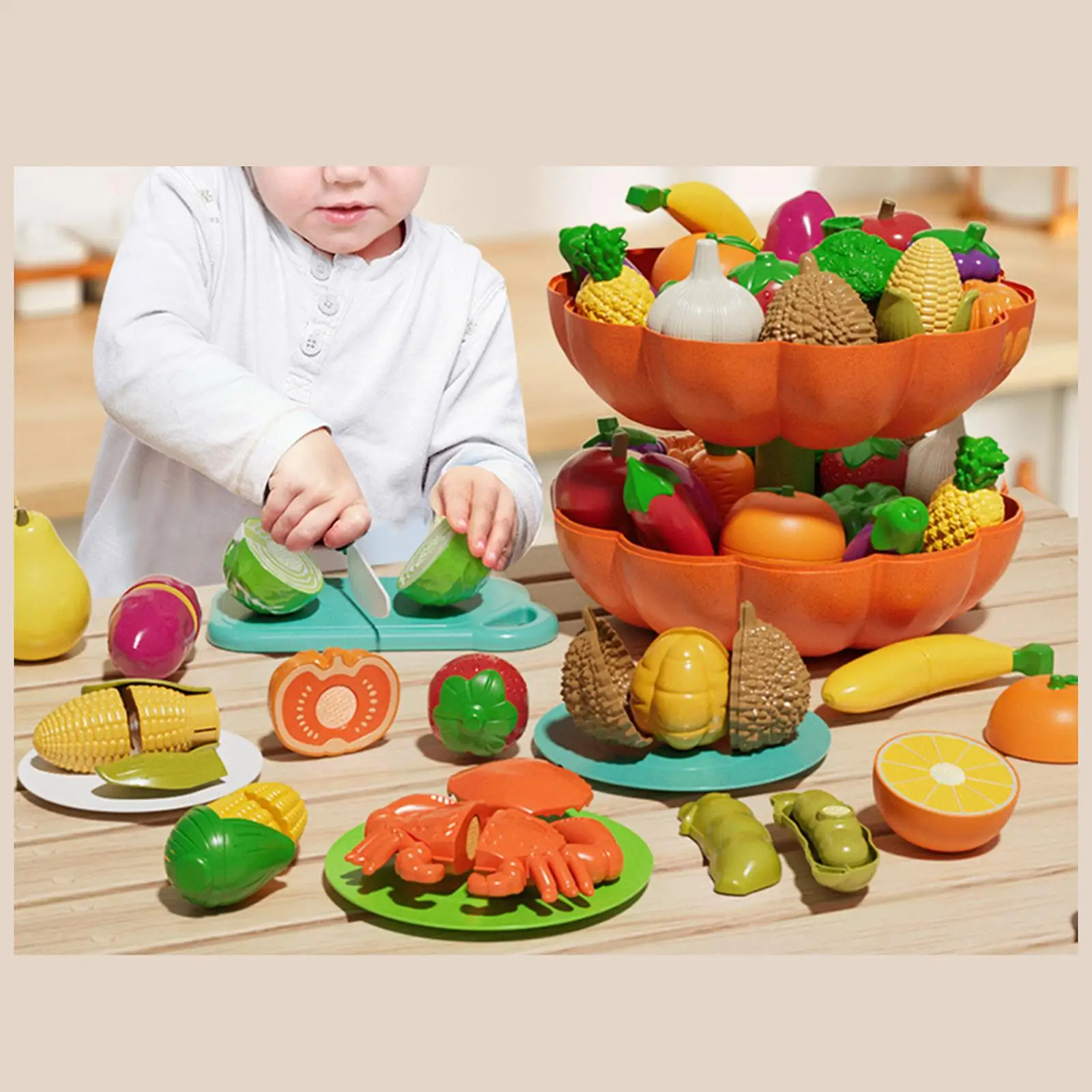 Cutting Fruits and Veggies Toy Kitchen Pretend Food Set Coordination with Pumpkin Storage Box for Boy Girl Kids Toddlers Gift