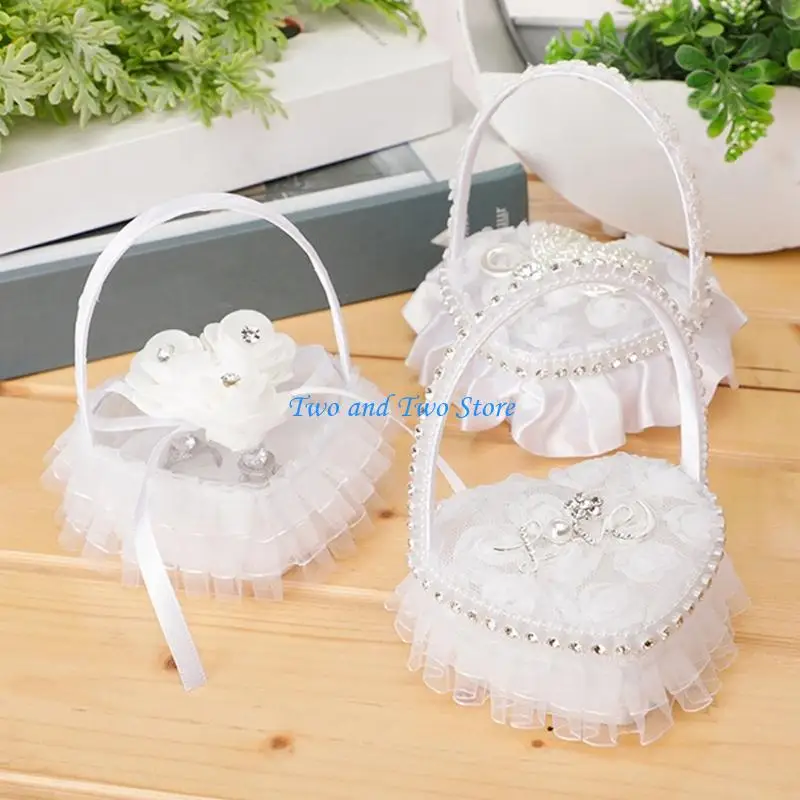 HX6F Portable Rings Holder Case Bride Proposal Accessories Lace Design Rings Pillow Box