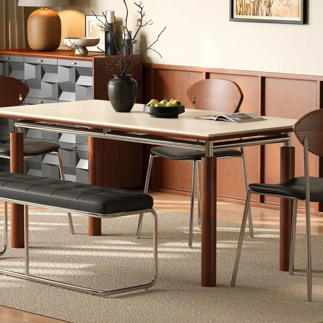 Medieval style dining  and s French retro style stainless steel ash wood small apartment cloud pillar rock slab dining