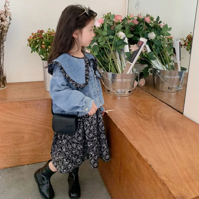 2Pcs Dress for Girl Denim Jacket Coat Tops & Floral Dress Autumn Spring Fashion Princess Dress 2022 Fall Girls Clothing Sets 3-7