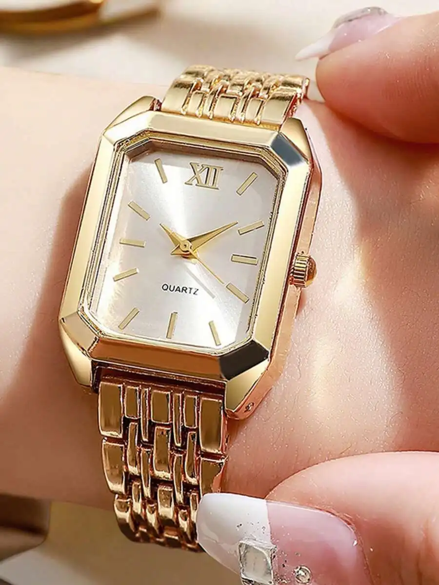 1pc Women's Quartz Watch, Gold-Tone Stainless Steel Band, Mixed-Mark Dial, Simple And Elegant Quartz Watch, Suitable For