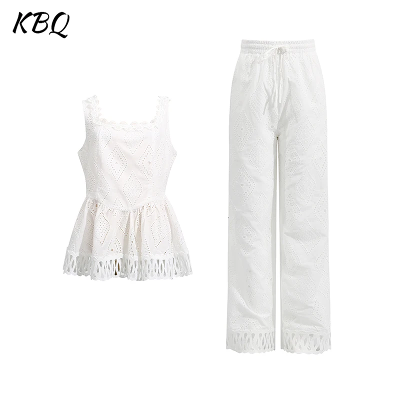 

KBQ Solid Skirts Set for Women Square Collar Sleeveless Patchwork Ruffles Hem Vest High Waist Wide Pant Holiday Suit Female New