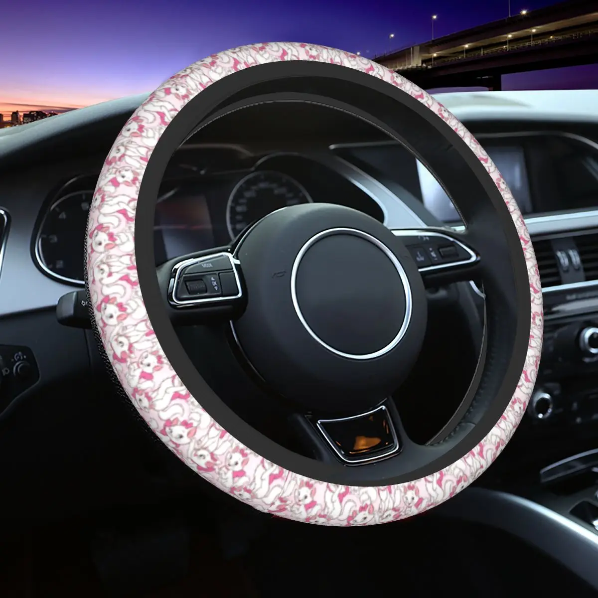 Marie With Her Pink Bow Steering Wheel Cover Girly Cat Film Steering Wheel Protector Universal Fit 15 inch Car Accessories