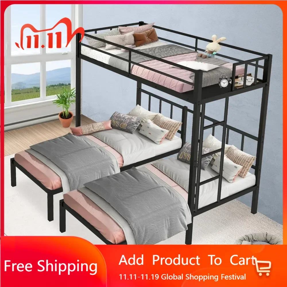 Children Beds, Metal Twin Over Twin & Twin Bunk Beds for 3 with Guardrails, Ladder & Upper-Bed Platform, Detachable 3 Bunk Beds