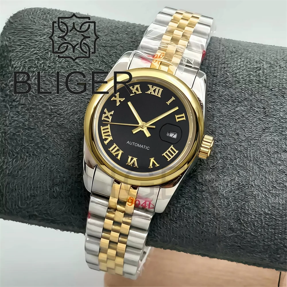 BLIGER 31mm Ladies Automatic Watch NH05 Movement Two‑Tone Gold Rose Bracelet Roman Index Fluted Round Bezel Date Window Sapphire