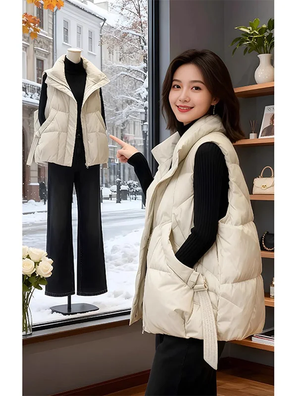

White Thiened ort down Cotton Vest Women's Autumn Winter European Faion Loose Slimming Warmth Outerwear Vest