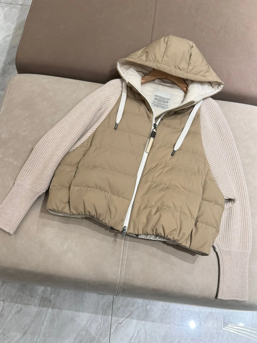 Winter Hooded Wool Cashmere Goose Down Jacket B*C Knitted Sleeve White Goose Down Coat Light And Warm