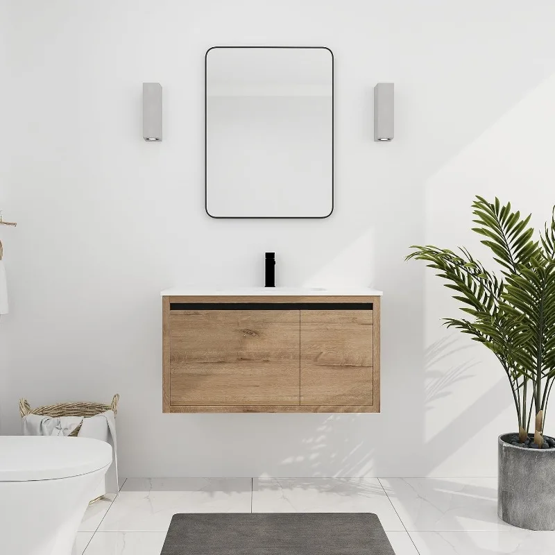 Inch Wall Mounted Bathroom Vanity with Gel Sink,Imitative Oak