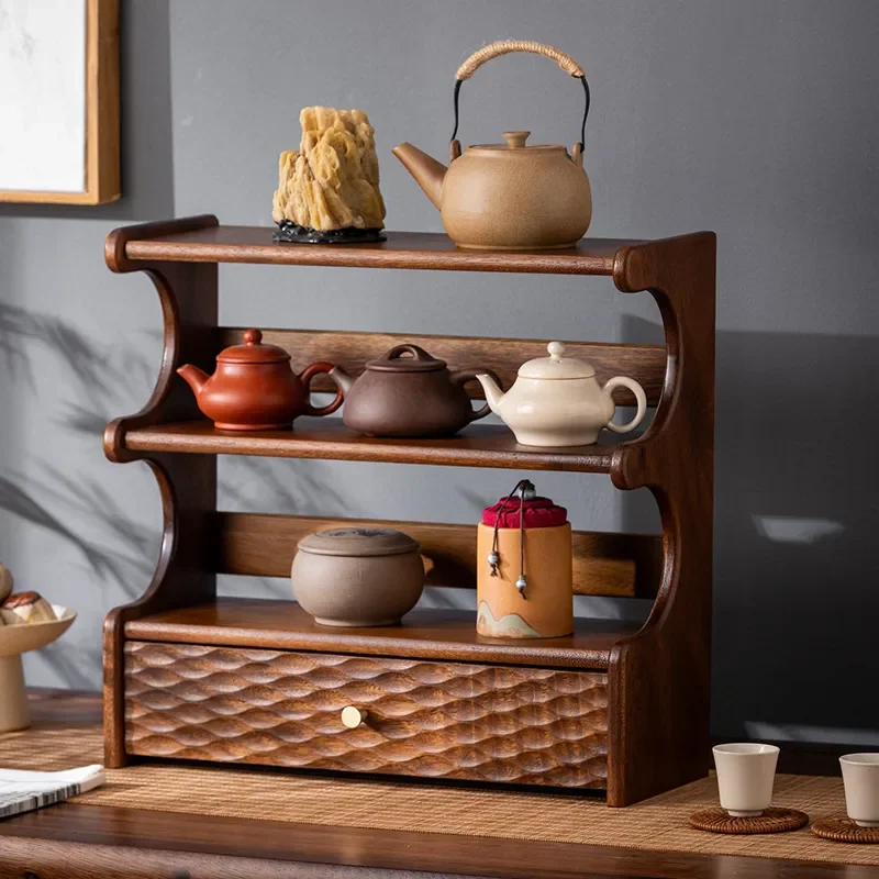 Solid Wood Desktop Display Shelf Chinese Style Tea Set Rack Antique Curio Stand for Teacup Coaster Ornament Storage Organizer