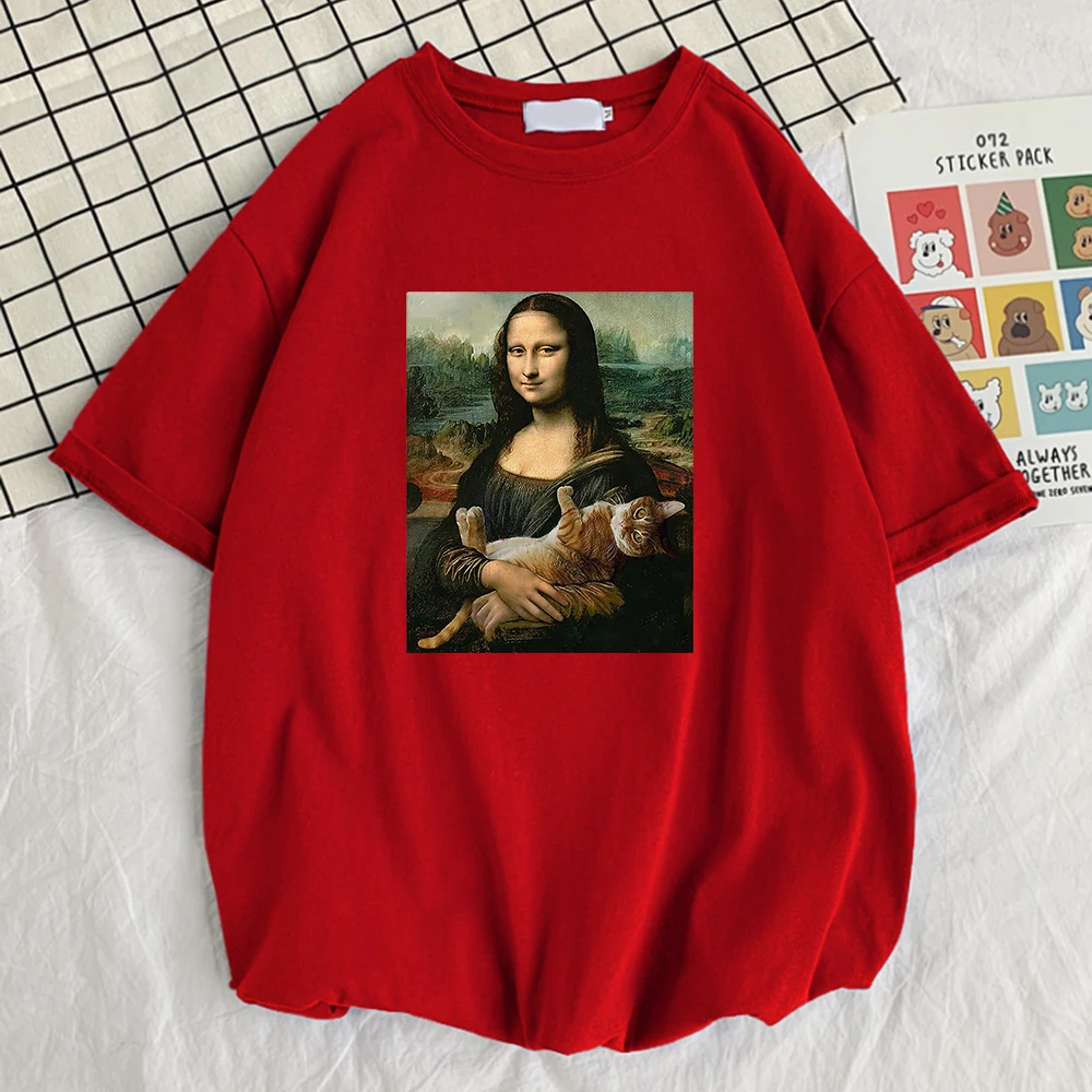 Famous Painting Mona Lisa Hold Cat Prints Men Cotton T-Shirts O-Neck Creativity Short Sleeve Fashion Casual Mans Tee Clothing