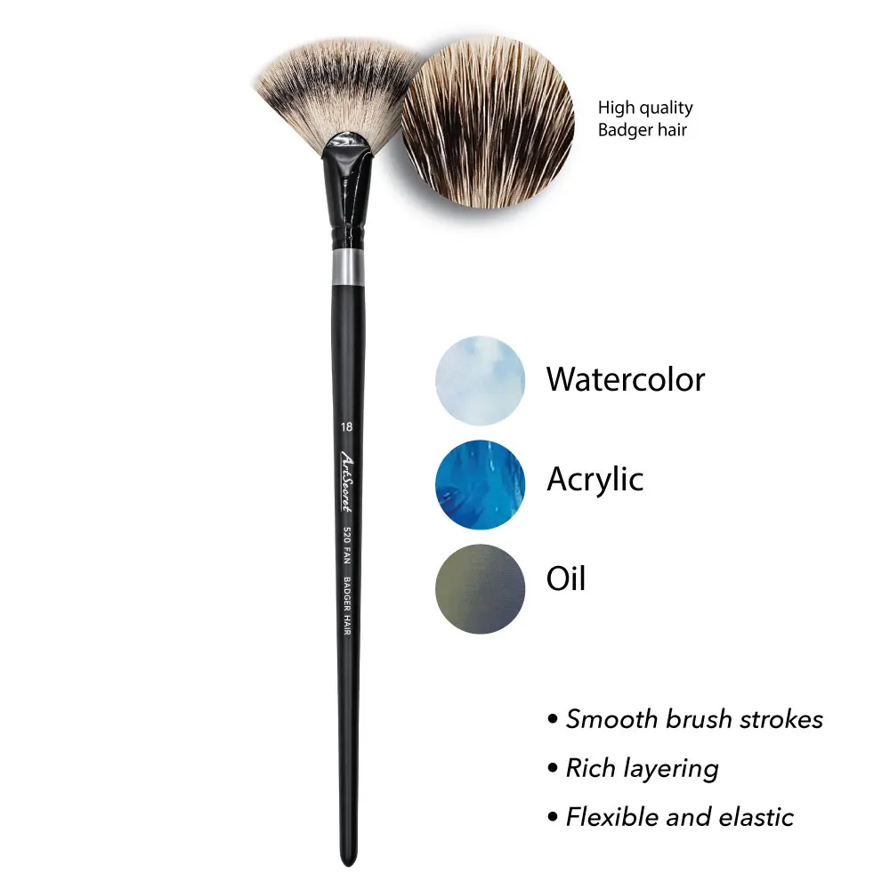 ArtSecret-pincel de pintura artística con forma de abanico de pelo de tejón, 520FAN, mango largo de madera, acuarela, pintura al óleo acrílica, pincel Gouache