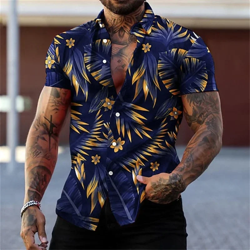 

Men's black and gold flower shirts Summer plant print lapel shirt Hawaiian style beach short sleeved button up