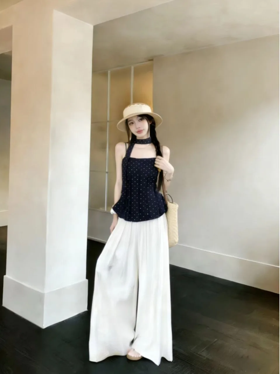 

plus Size Fashionable Two-Piece Set Summer New Polka Dot Strap Top High Waist Wide Leg Pants Casual Comfortable Korean Style