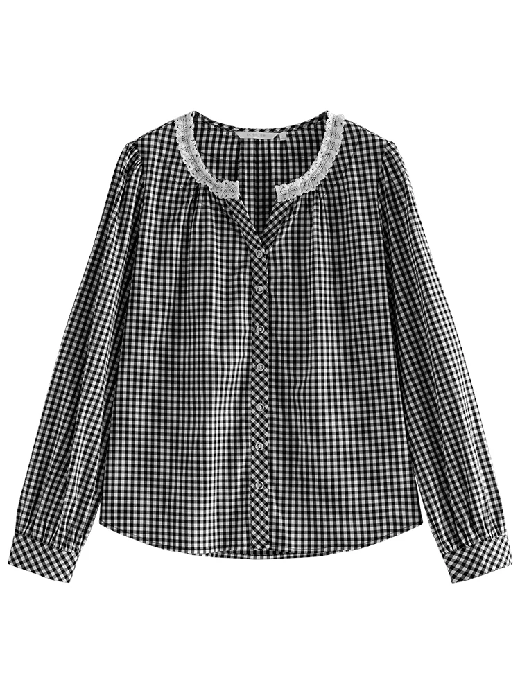 DUSHU French Vintage Lace Shirt Long Sleeve 2023 Autumn Black and White Plaid Tops Full Sleeve Women Casual Loose Tops