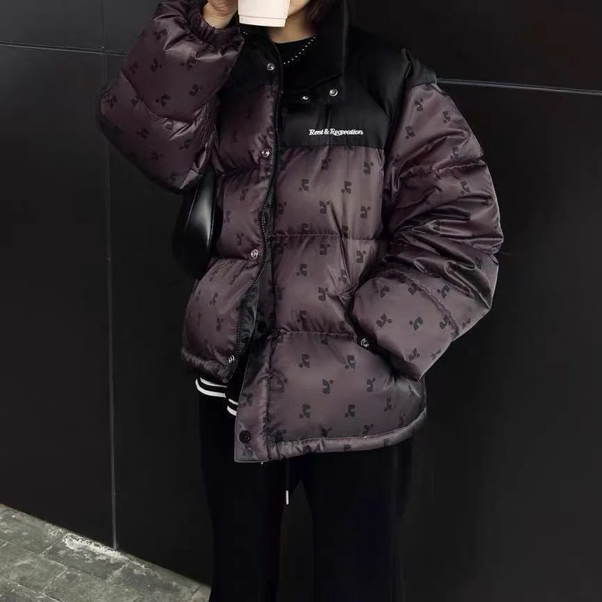 

Loose Winter Jaet with Embroidered Letter Print Patchwork Stand Collar Du down Korean Sle Women's Coat Warm Polyester F...