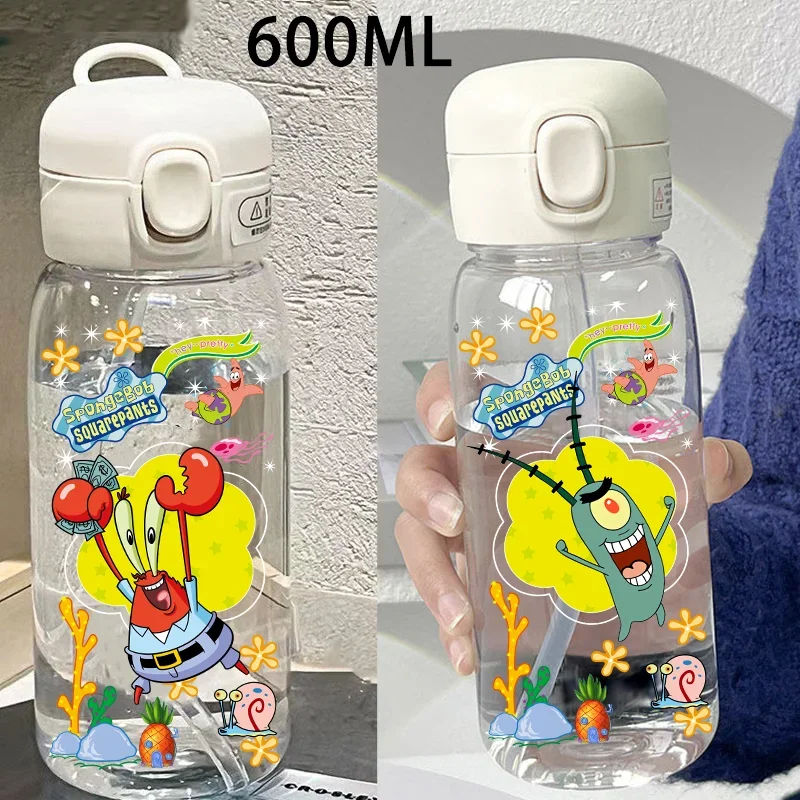 600ML Transparent Outdoor Chilli Large Capacity Sport Water Bottle For SpongeBob SquarePants Straw Water Cup Portable Plastic