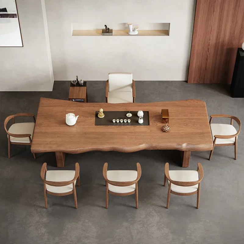 

Solid wood large board tea table and chair combination log table zen tea table office room modern simplicity