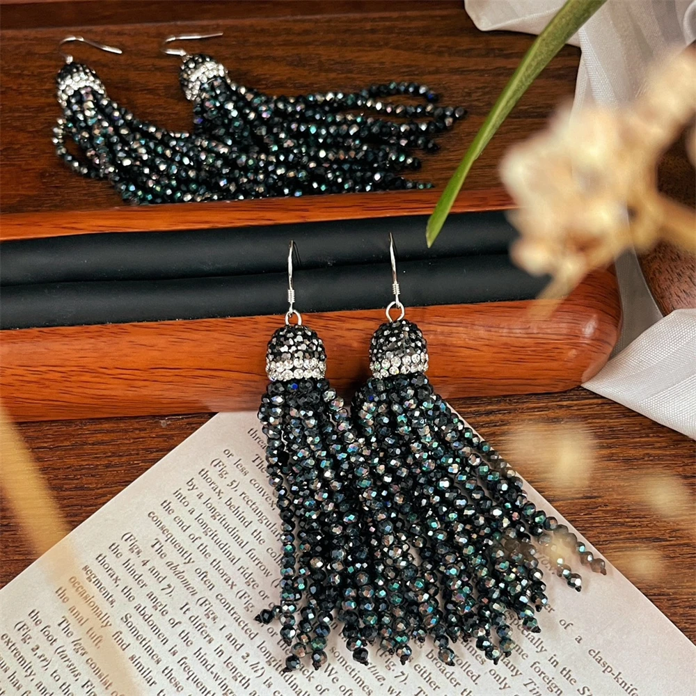 Hot Handmade Beaded 925 Silver Hook Crystal Beads Tassel Earrings Rice Crystal Grey Color Rhinestone Dangle Earring for Women