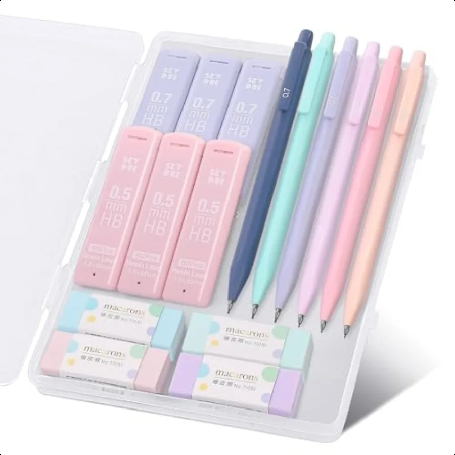 

Cute Mechanical Pencils Set with Case 6PCS 0.5mm 0.7mm Mechanical Pencils 360PCS HB Lead Refills 4PCS Pastel Erasers Pastel Bac