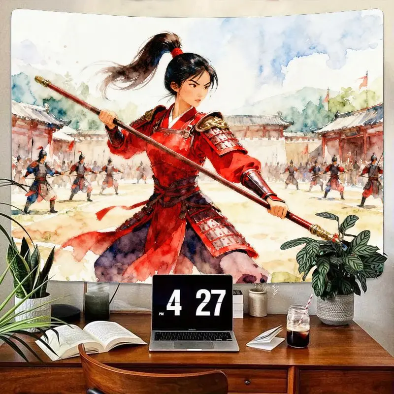 

1PC Mulan Inspired Fierce Female Warrior Tapestry, Watercolor Anime Wall Art, Polyester Living Room Bedroom Dorm Decor Gift