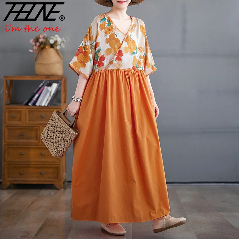 

THHONE Summer Dress Women 2025 Fashion Vestidos Patchwork Loose Vintage V-Neck Short Sleeve Casual A-line Casual Clothes Dresses