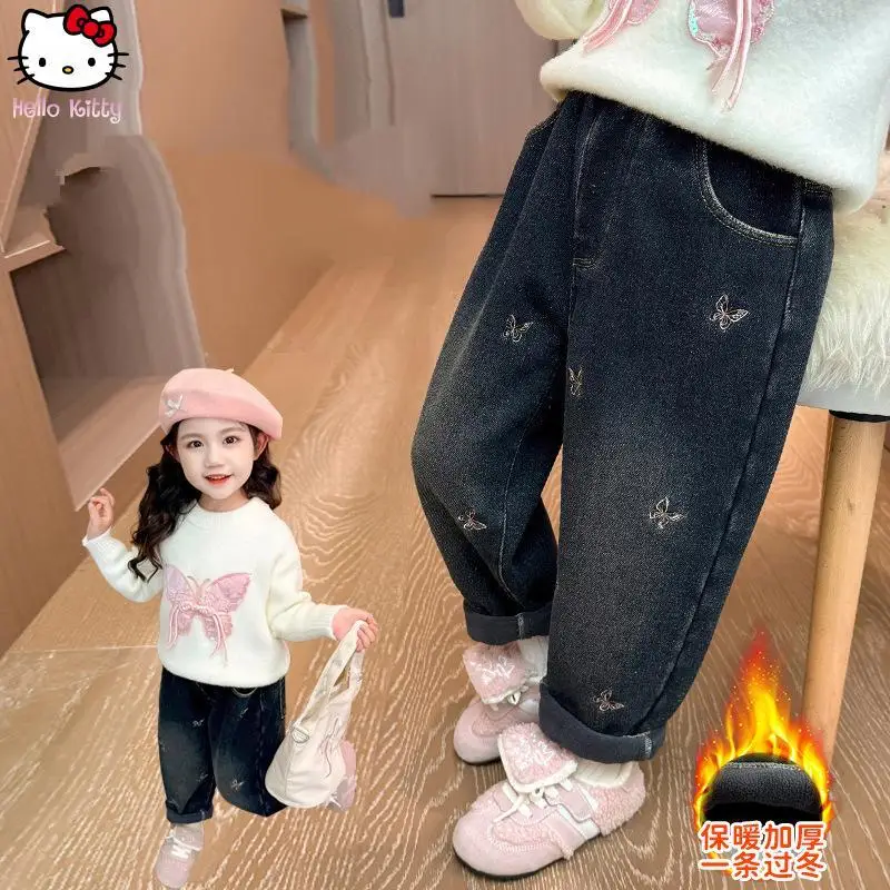 

Girls Kawaii Thickened Butterfly Embroidered Denim Dad Pants Cartoon Autumn Winter New Anime Straight Pants Warm Wide Leg Pants