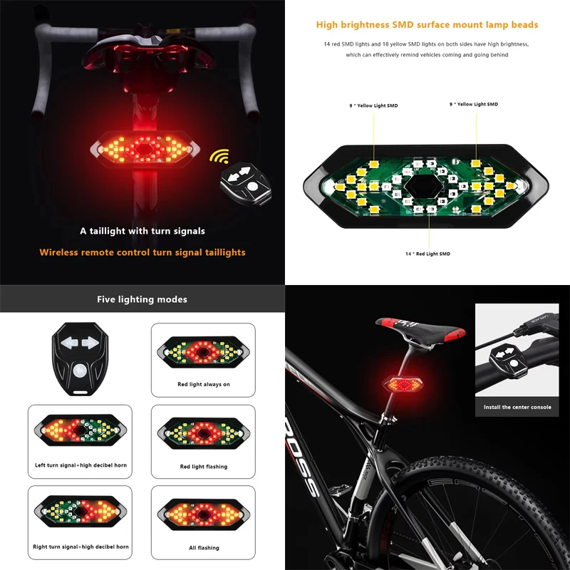 

Задний фонарь для велосипеда, перезаряжаемый через USB, светодиодный указатель поворота, задний фонарь, беспроводной пульт дистанционного управления, велосипедный фонарь для ночной езды на велосипеде