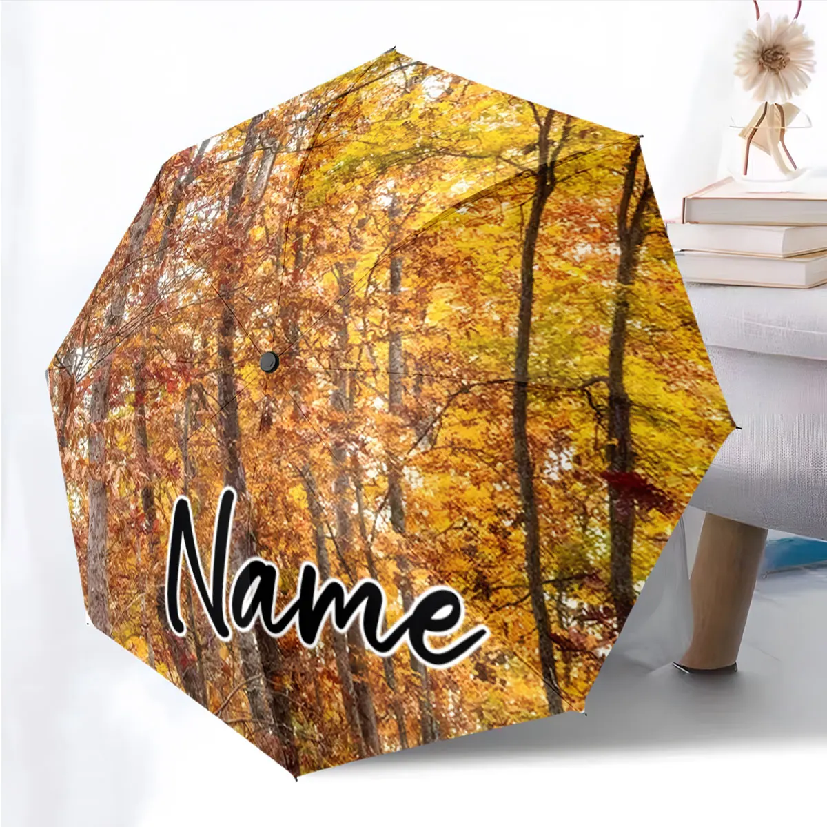 Custom Name Autumn Forest Printed Umbrella Design Print 8 Iron Ribs Folding Umbrella, Auto-Open Fashion Sunshade