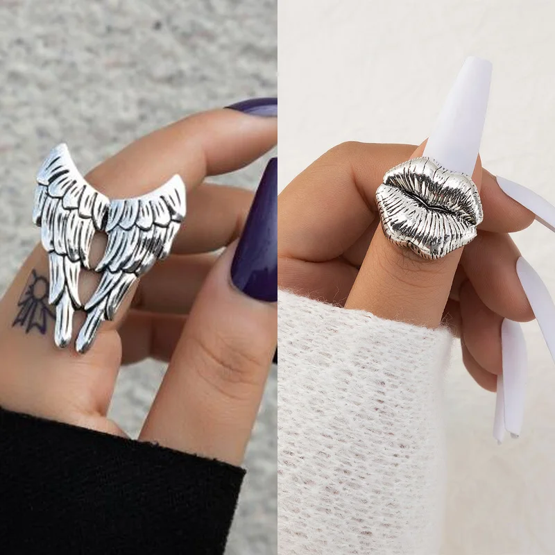 Tocona INS Trendy Wing Single Ring Vintage Silver Color Lips Alloy Metal for Women Men Party Jewelry Accessories кольца 22930