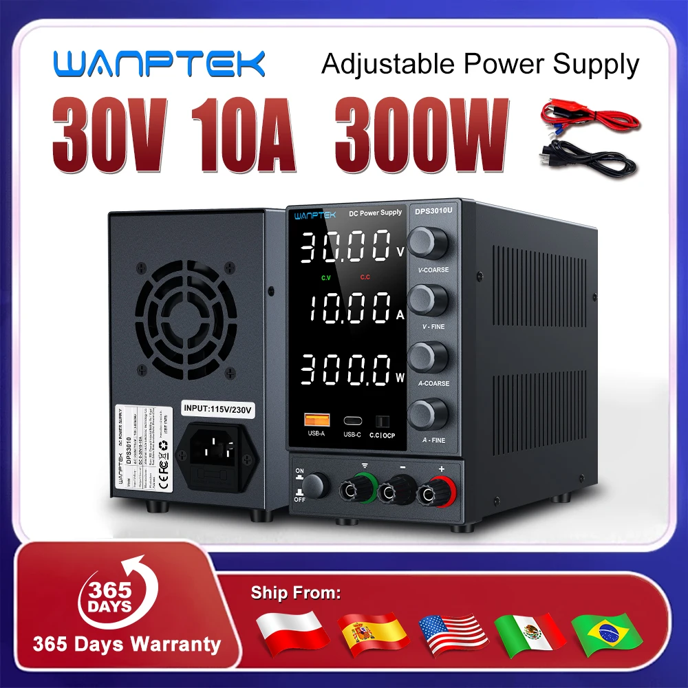 Wanptek Adjustable Switch DC Power Supply 30V 10A Bench Power Supply 60V 5A Output with Preset Current USB/Type-C Charging Port