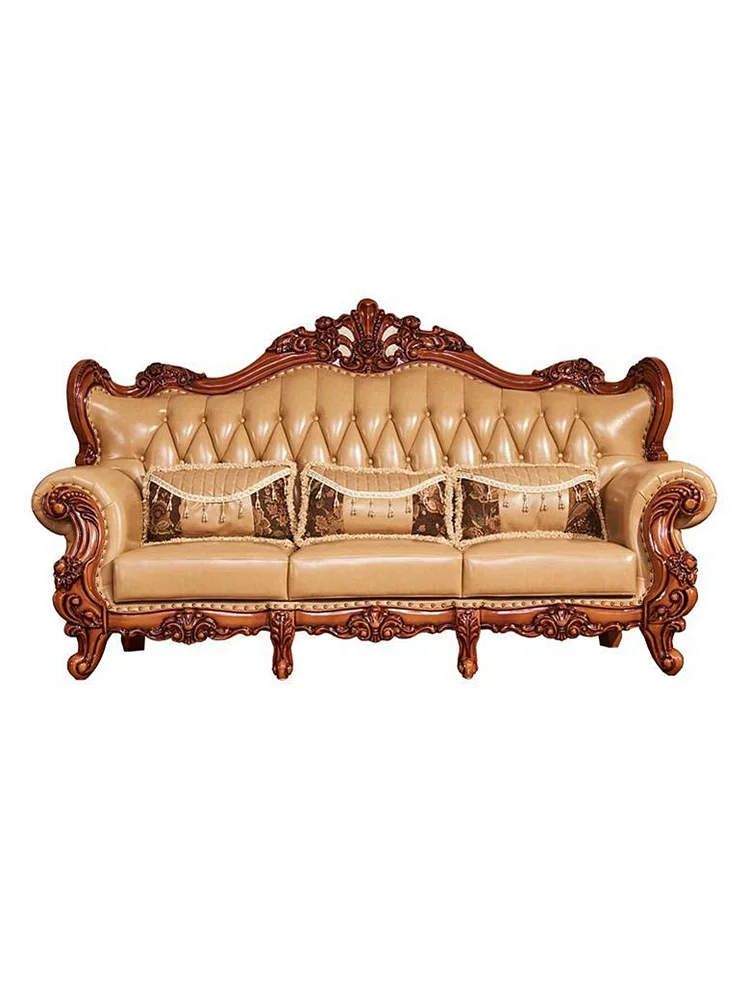 European style leather sofa 123 combination American style solid wood suite villa first floor cowhide living room luxury retro