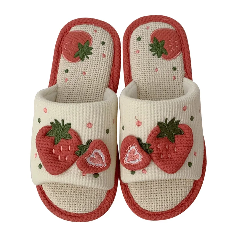 Cute Strawberry Plush Slippers Autumn House Slides Female Flip Flops Women Slippers Winter Home Warm Furry Linen Slippers Women