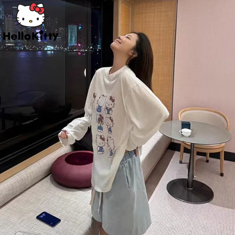 Sanrio Hello Kitty Cotton Long Sleeve Tees Loose Sweet Cool Cute Y2k Girl Style Funny Printed T-shirt Korean Version Casual Top