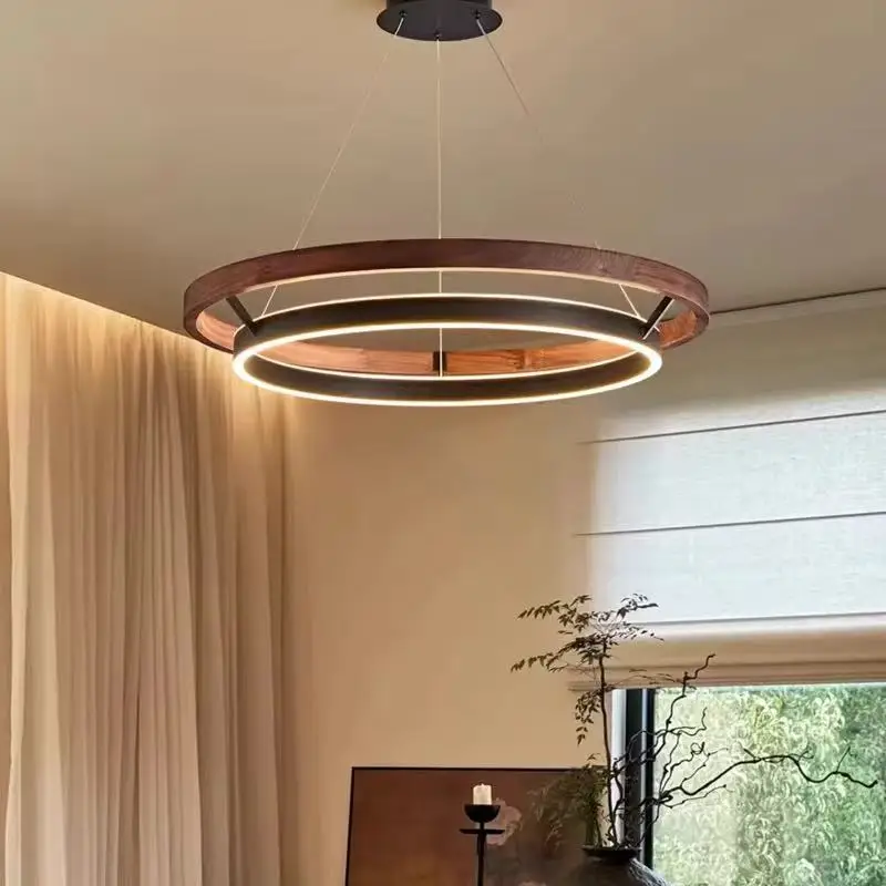 

2025 Modern Black Walnut ring chandelier with wood grain color lustre Ceiling Home interior lighting for living room