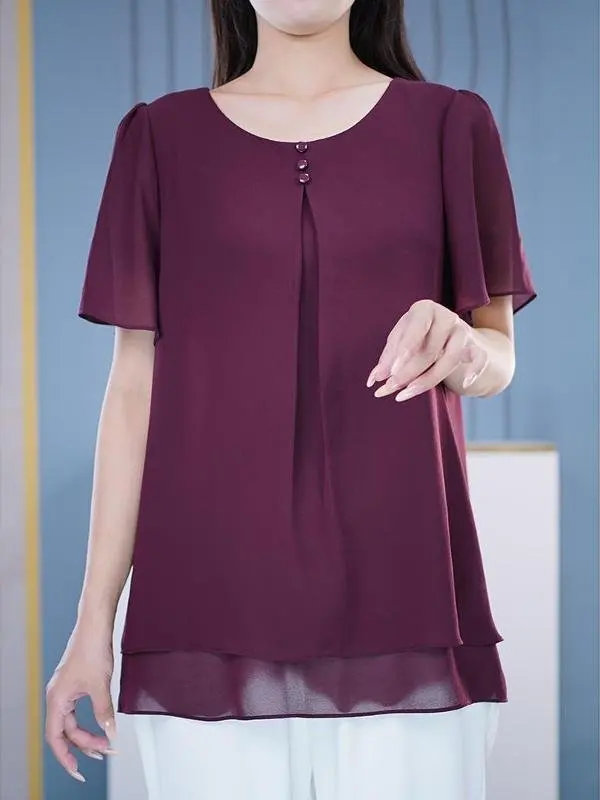 

Chic 2025 New Sle Loose ort Sve Chiffon Top for Middle-Aged Mothers Belly Covering plus Size Women's Summer Faionabl...