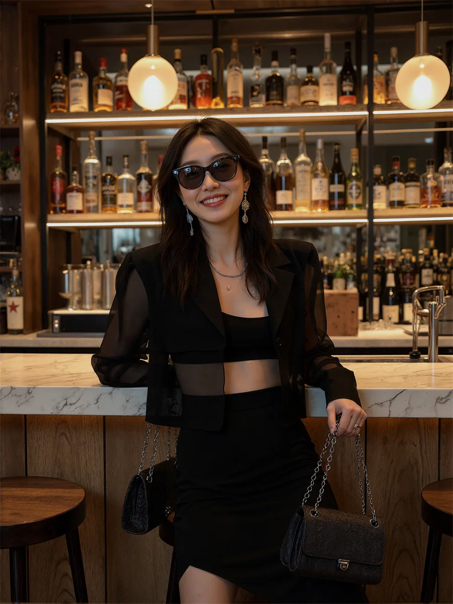 Sonnenschutz, abgeschnitten, durchsichtige Blazer mit Rückenschlitz, elegante Damenkleidung für Damen, Kunstseil, große Schneiderei, gerüscht, gepolstertes Wildleder für Damen