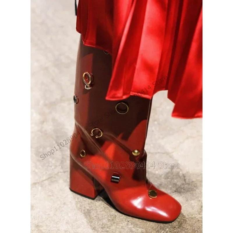 

Metal Circle Rivets Decor Red Black Square Toe Boots Slip On Women Shoes Chunky High Heels Novel Runway 2026 Zapatos Para Mujere