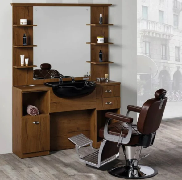 High Quality Hairdressing Salon Wooden Mirror table Hair Salon Styling Station With Hair Washing Basin