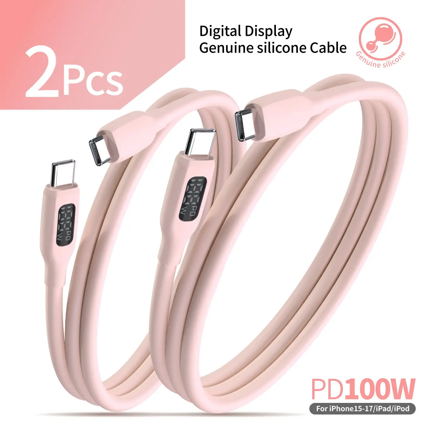 USB-C-Kabel, 1m 100W Typ-C Schnellladung mit LED-Anzeige für iPhone 17 16 15 Samsung iPad Air MacBook Google Switch (2er-Pack) – Detail 1