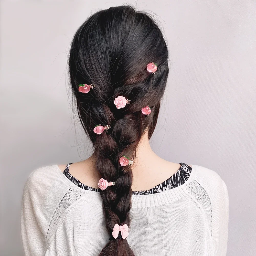 5Pcs/Set Cute Pink Mini Bows Hair Clips for Girls Lovely Heart Hairpins Cartoon Flower Handmade Headwear Kids Hair Accessories